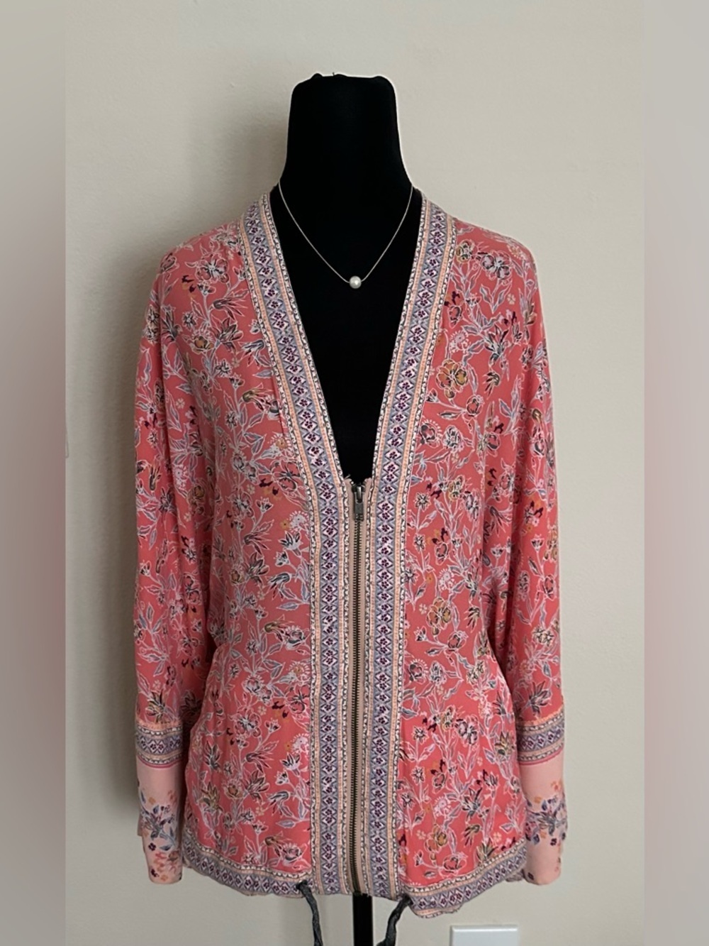 Free People Coral Floral Border-Trim Zip Utility Jacket
